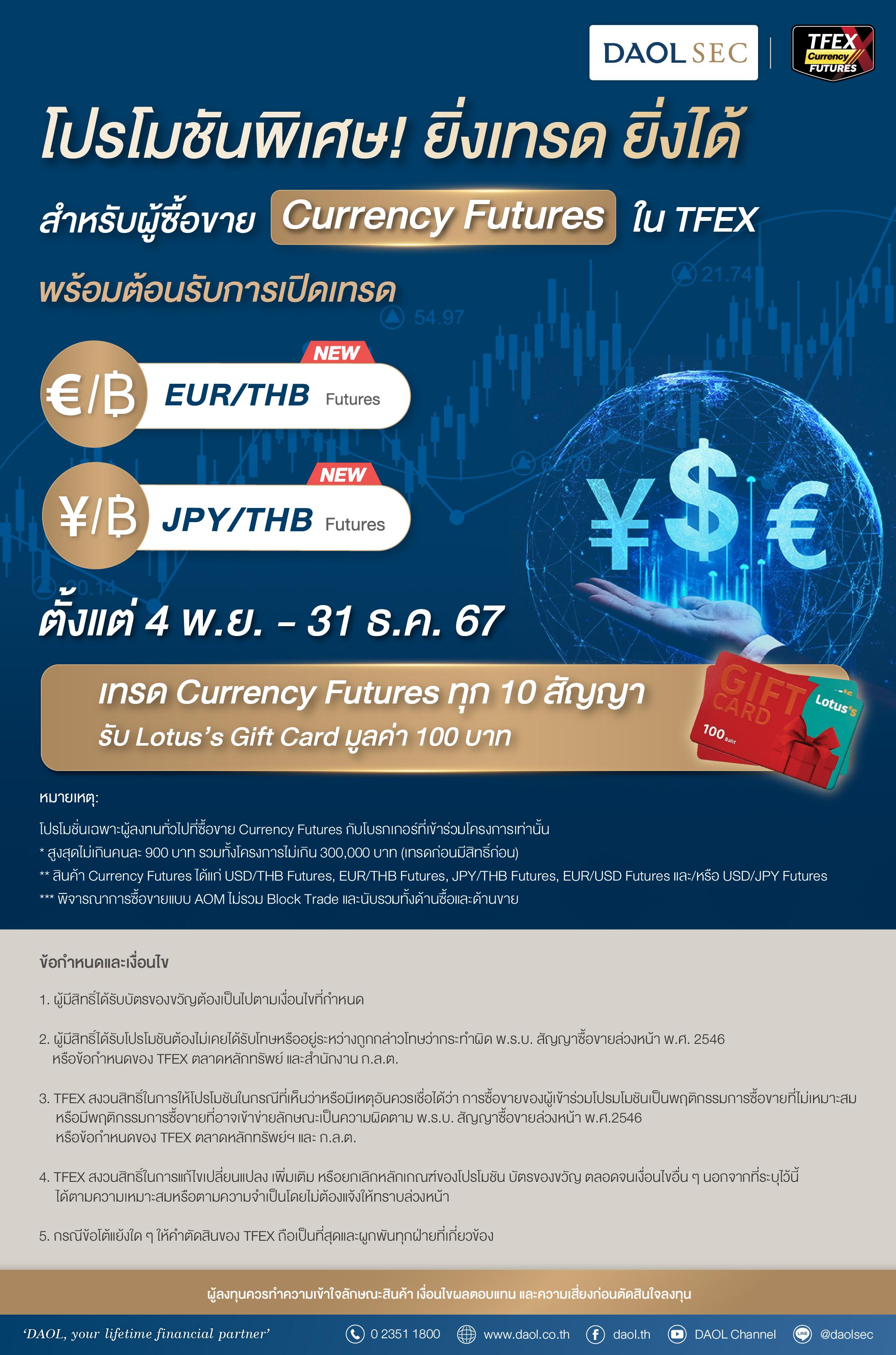  โปรโมชันพิเศษ ยิ่งเทรด ยิ่งได้  สำหรับผู้ซื้อขาย CURRENCY FUTURES ใน TFEX